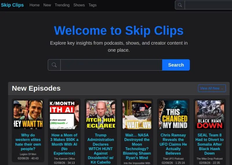 Skip Clips Home Page as of August 2026