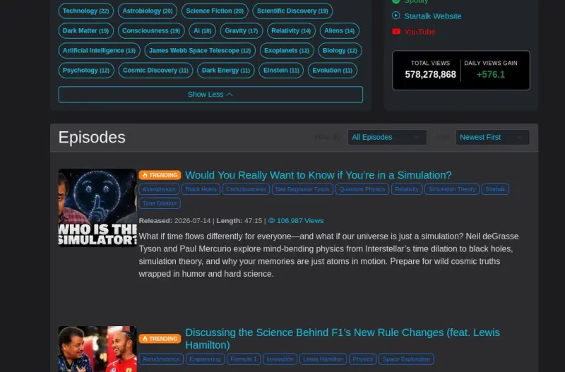 Screenshot of Skipclips.com Website listing episodes of StarTalk